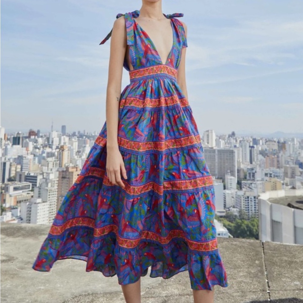 Farm Rio Blue Macaw Flight Dress NWT L